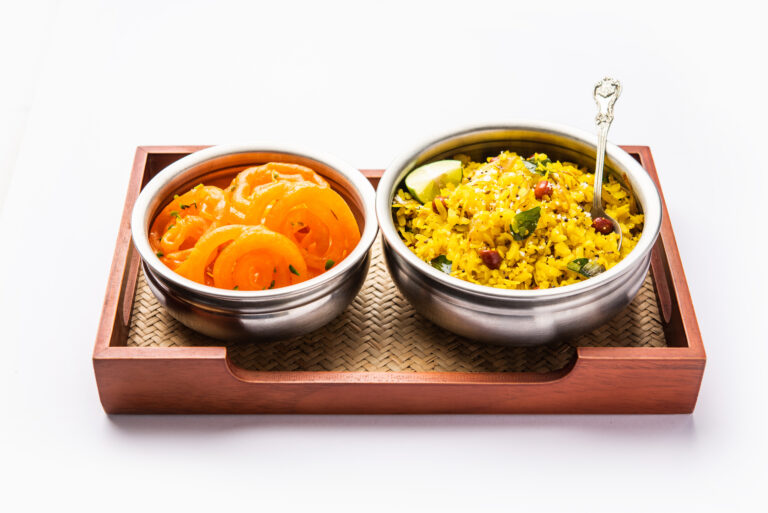 Aloo Poha with Jalebi, snack combination also called imarti and kande pohe